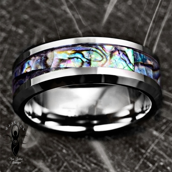 Unisex Ring ✦ Stainless Steel ✦ Natural Abalone Shell Channel ✦ 8mm Silver Band - Picture 4 of 9